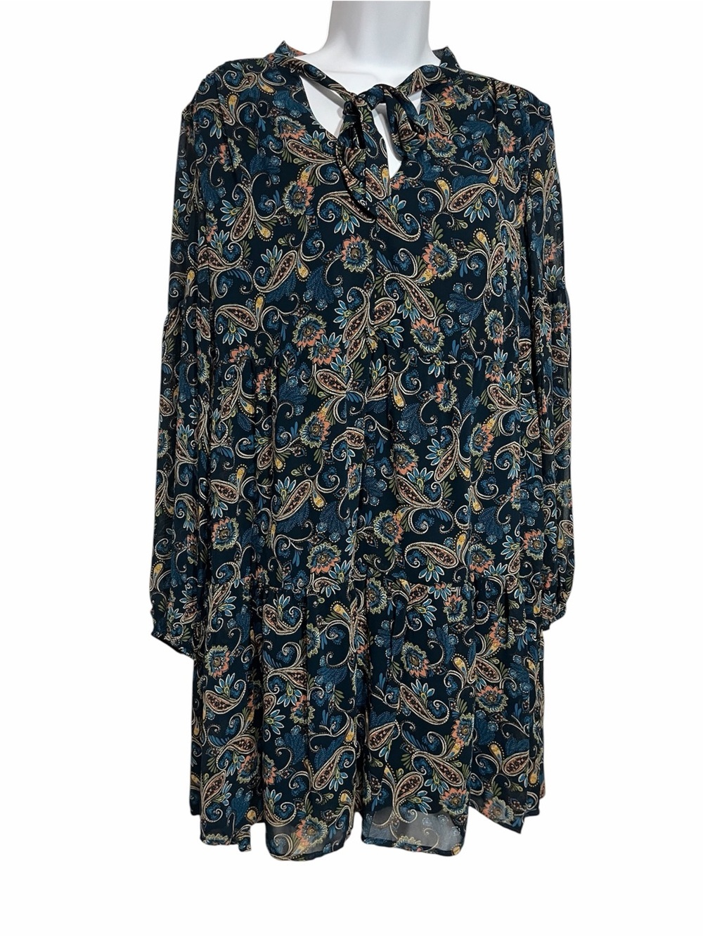 Etherial Gauzy Lightweight Dress Teal Paisley Size Small Faerie Cottage Neck Tie